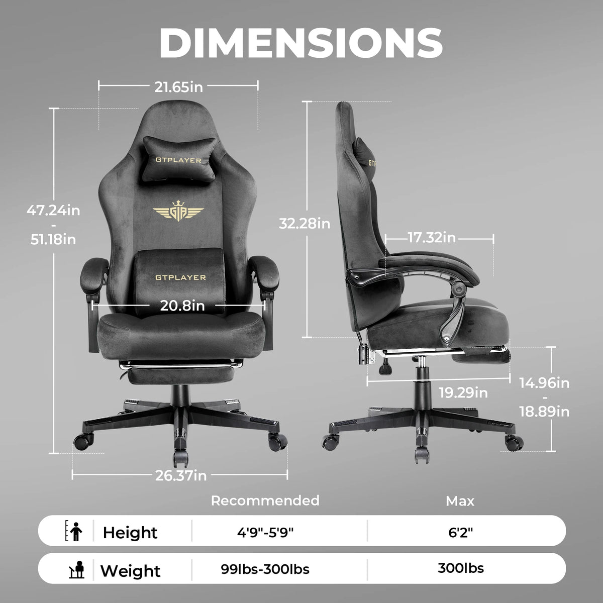 Gtplayer Gaming Chair Fabric with Pocket Spring Cushion, Big and Tall Gaming Chair 350Lbs High Back Computer Chair