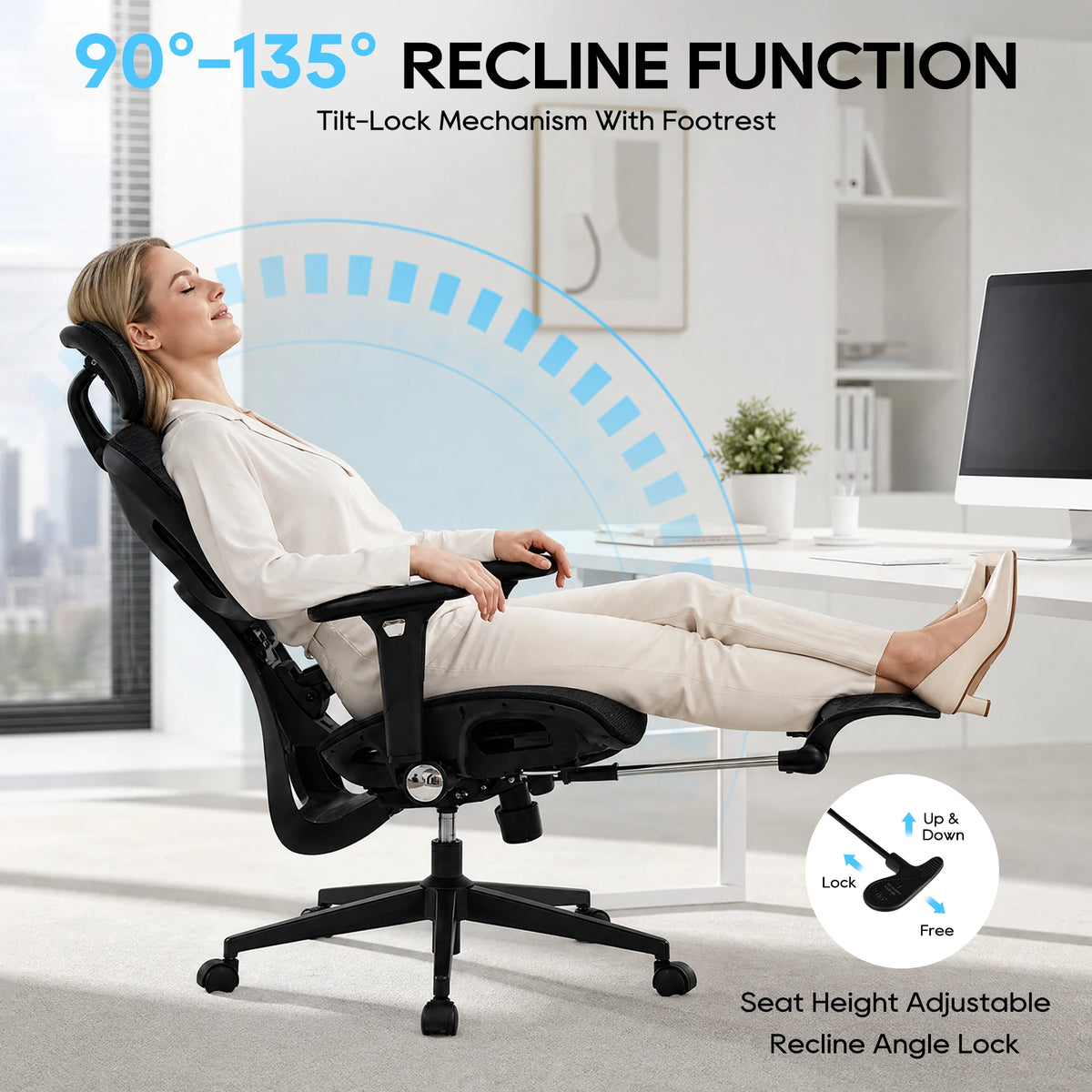 TCGBKAF Ergonomic Mesh Office Chair with Footrest, Black Big & Tall Computer Chair, 5D Flip-Up Armrests, Adjustable Lumbar Support & Headrest, Executive Desk Chair for Home Office
