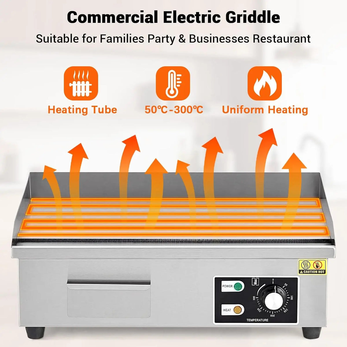 Tacleekii 14in, 21in, or 28.7 in Commercial Electric Griddle Stainless Steel Flat Top Grill, 122-572℉ Adjustable Temp, Countertop BBQ Teppanyaki Grill with Shovels & Brushes for Home & Restaurant