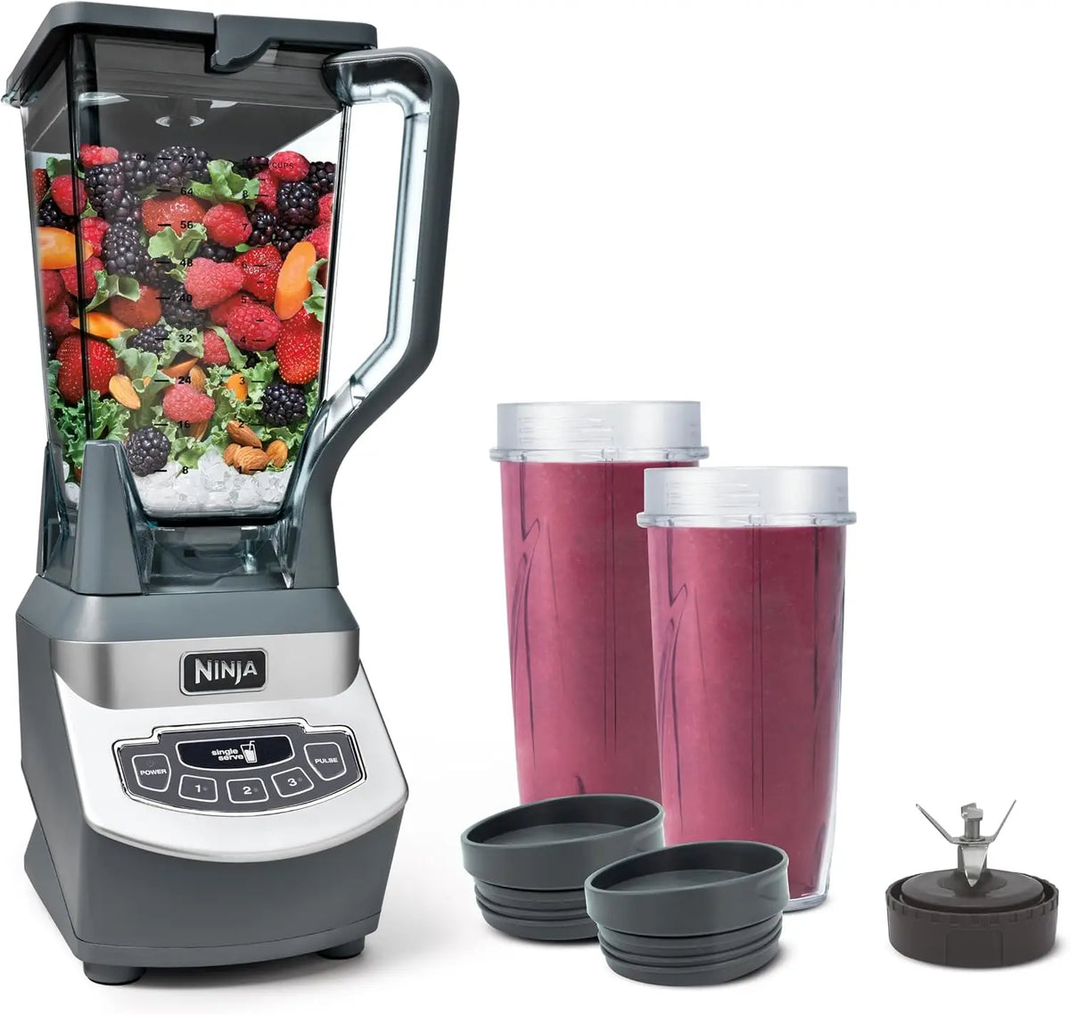 Multi-functional food processor/blender for making smoothies | Includes blending cup, two 16-ounce takeaway cups, and an 8-cup capacity mixing bowl | Makes salsa, dough, milkshakes, and cold drinks | 1500 watts