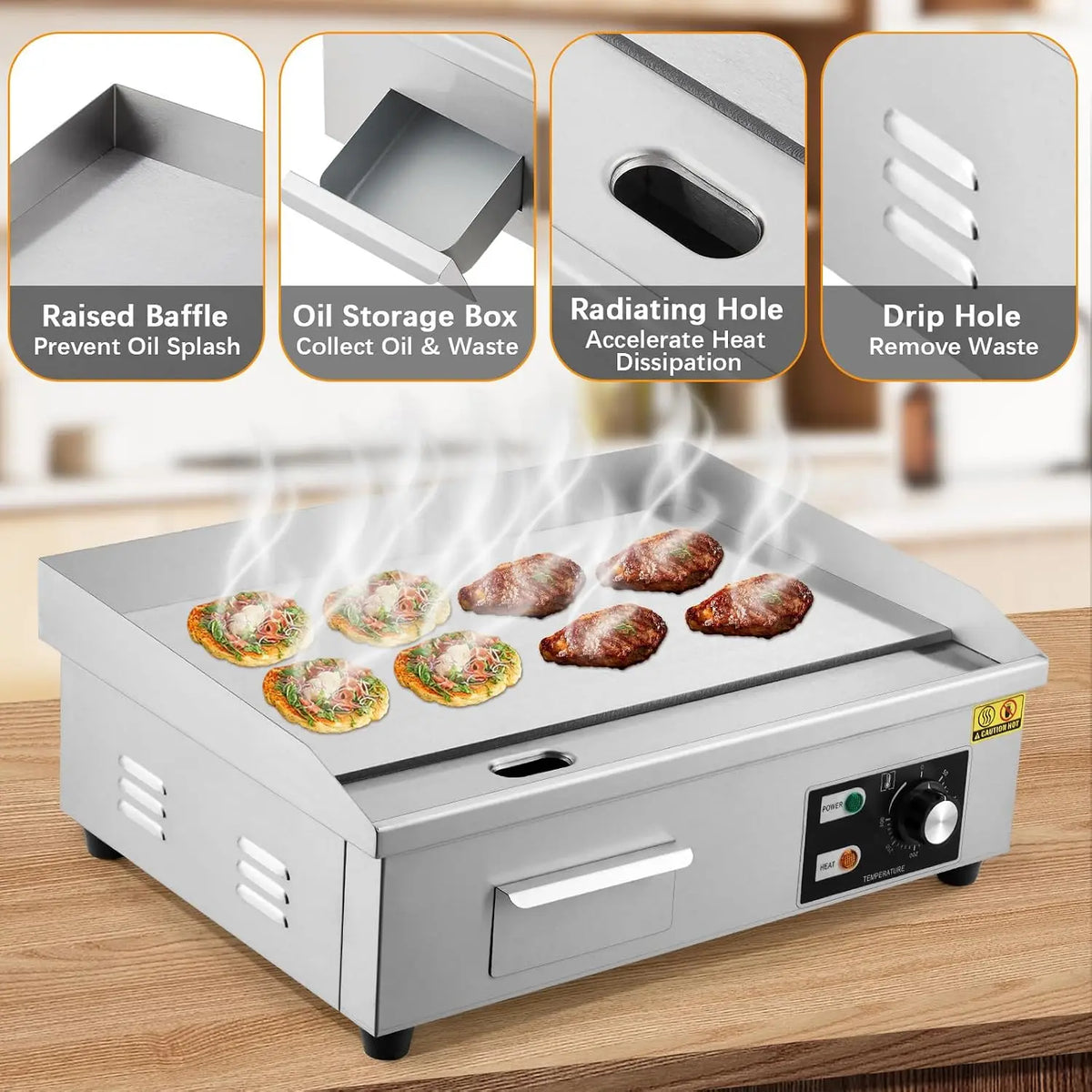 Tacleekii 14in, 21in, or 28.7 in Commercial Electric Griddle Stainless Steel Flat Top Grill, 122-572℉ Adjustable Temp, Countertop BBQ Teppanyaki Grill with Shovels & Brushes for Home & Restaurant
