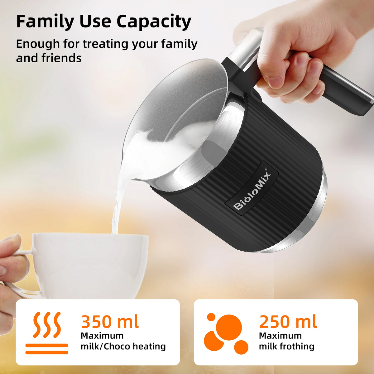 BioloMix 5-in-1 Detachable Milk Frother and Steamer，Automatic Hot/Cold Foam and Hot Chocolate Maker ,Dishwasher Safe