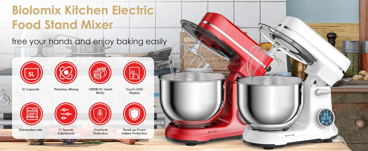 BioloMix 1200W 6L Kitchen Stand Mixer With Quiet DC Motor, 6-Speed, for Blending, Whisking, and Kneading