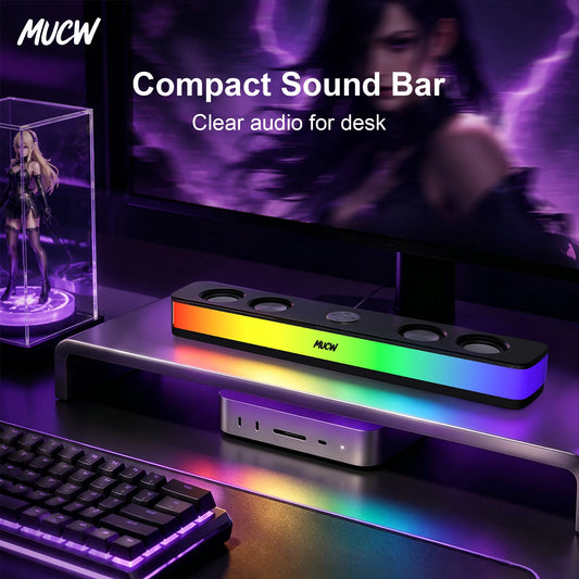 MUCW RGB Gaming Soundbar Bluetooth 5.4 USB Wired Dual Mode 6W Stereo Colorful LED Computer Speakers for Monitor Desktop PC Speaker for Laptop Gamer Home Office