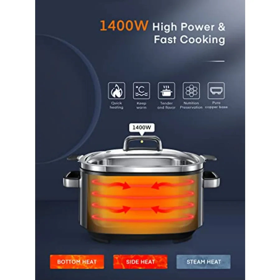 10 in 1 Programmable Slow Cooker 6QT 304 Stainless Steel Inner Pot, Multi-Cooker with Rice, Yogurt, Sauté, Steam, Delay Start & Adjustable Temp – for Large Families & Entertaining