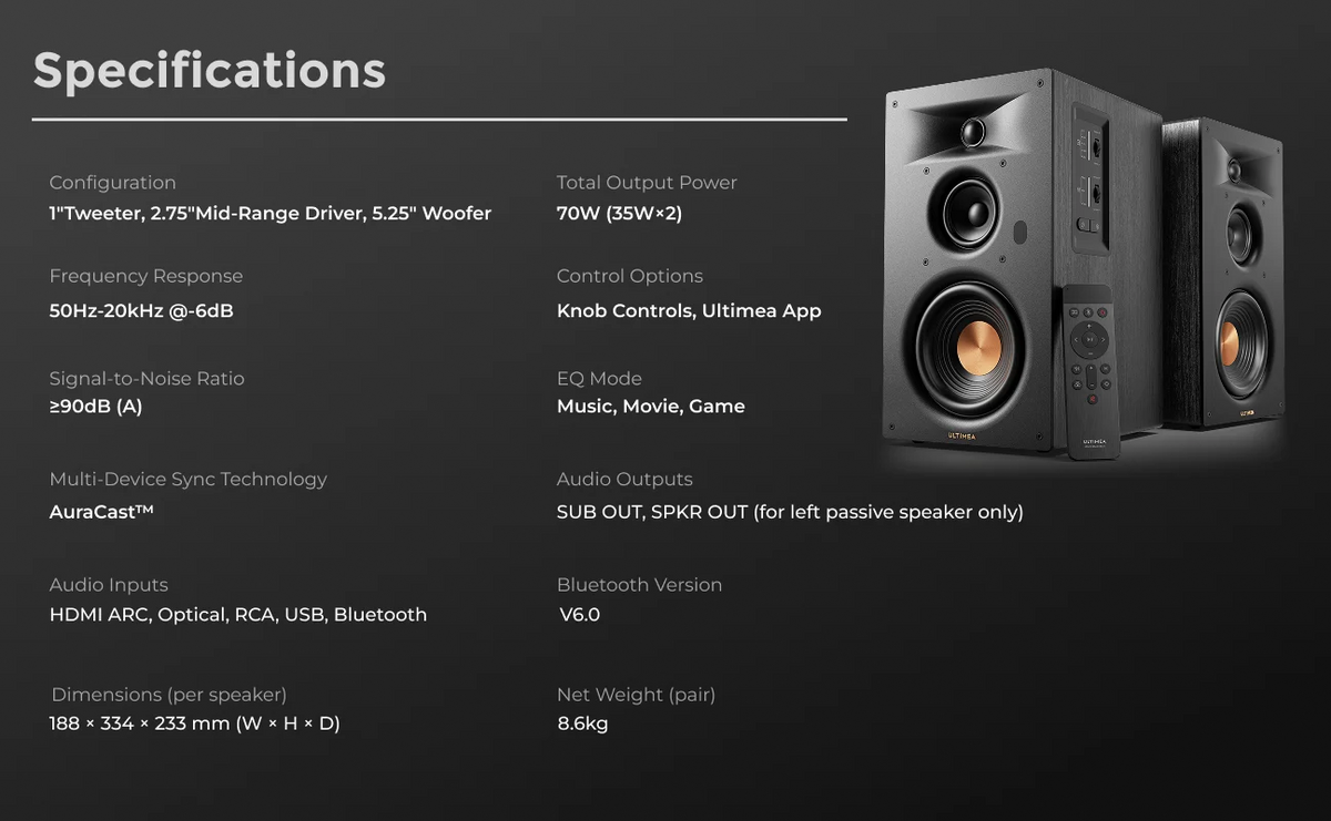ULTIMEA 5.25'' Three-way Bookshelf Speakers, 70W RMS, App Control, Edge Horn Tech & BassMX, Home Theater Subwoofer, Auracast