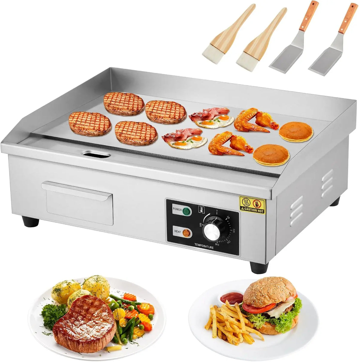 Tacleekii 14in, 21in, or 28.7 in Commercial Electric Griddle Stainless Steel Flat Top Grill, 122-572℉ Adjustable Temp, Countertop BBQ Teppanyaki Grill with Shovels & Brushes for Home & Restaurant