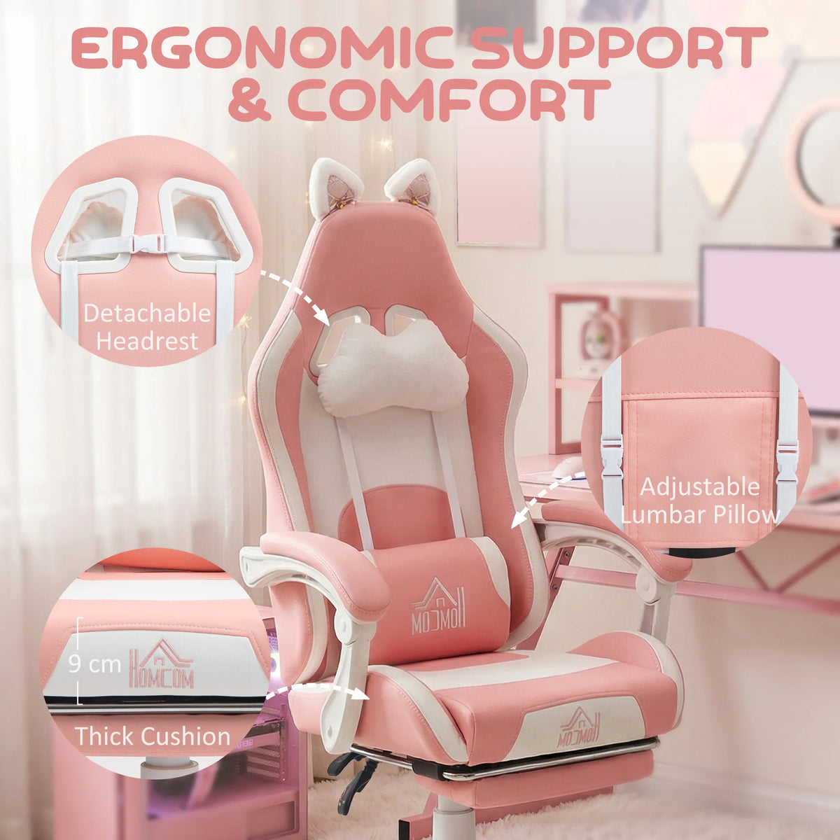 HOMCOM Racing Gaming Chair with Cat Ears, Reclining Faux Leather Computer Chair with Footrest, Lumbar Support and Headrest, Height Adjustable Gamer Chair with Swivel Seat and Wheels, Pink