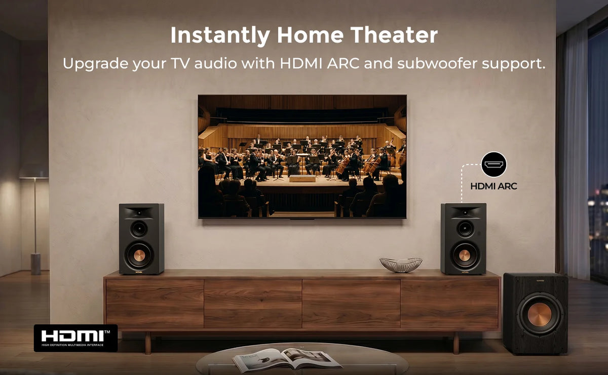 ULTIMEA 5.25'' Three-way Bookshelf Speakers, 70W RMS, App Control, Edge Horn Tech & BassMX, Home Theater Subwoofer, Auracast