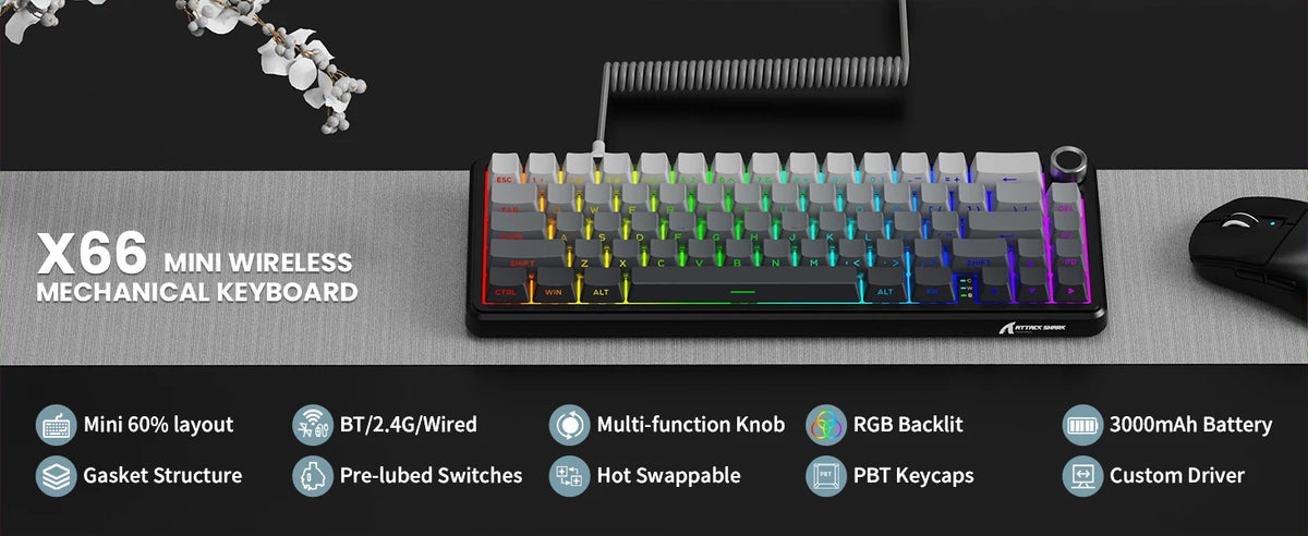 ATTACK SHARK X66 65% Wireless Mechanical Keyboard with Knob, 66 Keys Tri Mode Gasket Hot Swap RGB Gaming Keyboard 60 Percent,PBT