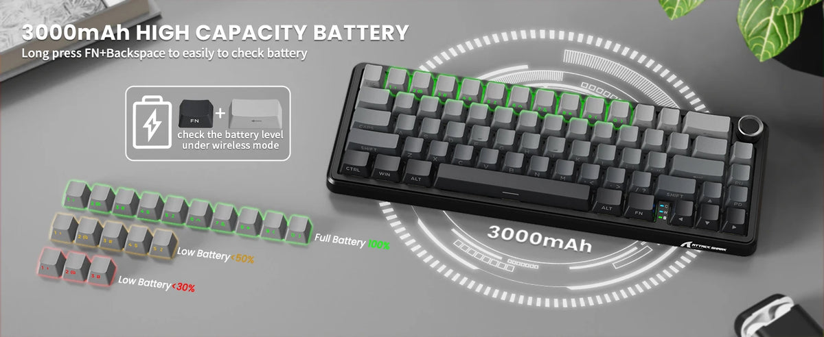 ATTACK SHARK X66 65% Wireless Mechanical Keyboard with Knob, 66 Keys Tri Mode Gasket Hot Swap RGB Gaming Keyboard 60 Percent,PBT