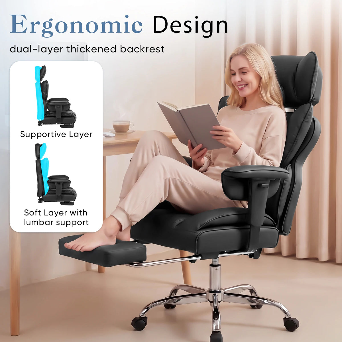 MCQ PU Leather Ergonomic Office Desk Chair with Footrest Adjustable Armrests Gaming Chair with High Back Reclining and Lumbar Support Height Adjustable with 360° Swivel