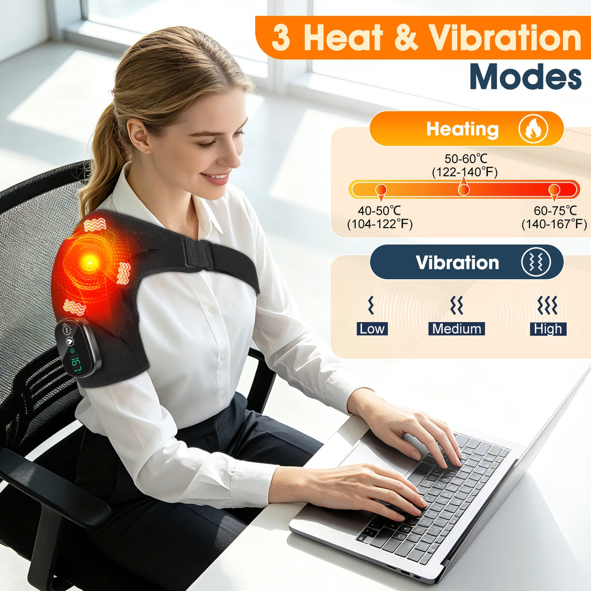 Heated Shoulder Brace Neck Massager 3 Heat Vibration Modes Cordless 5000mAh Warm Shoulder Pad Support Belt