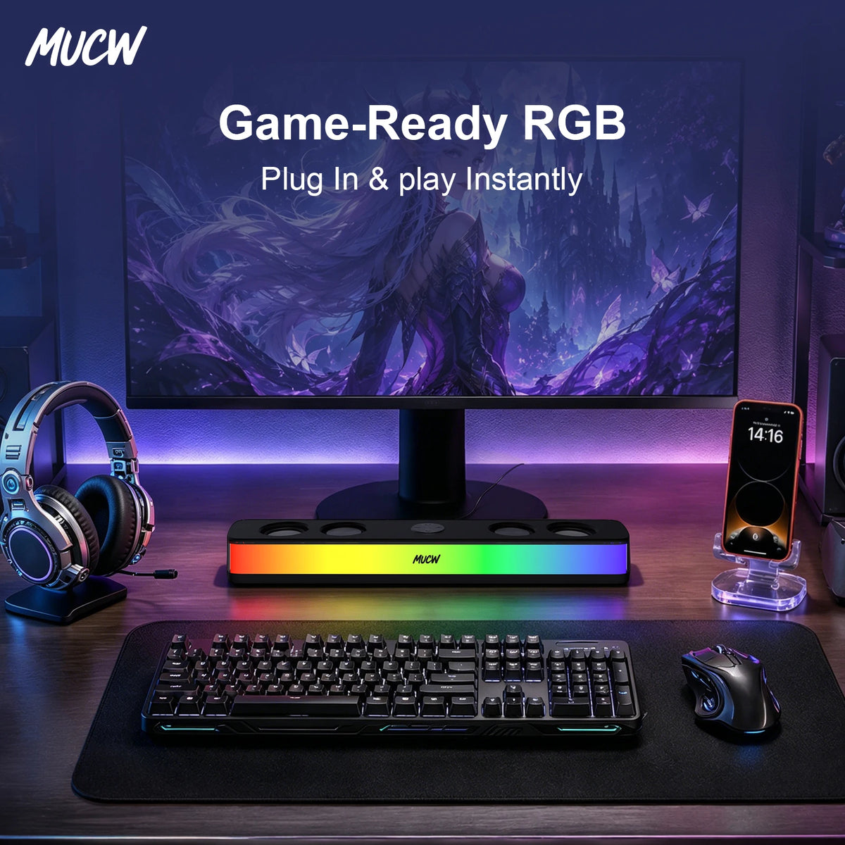 MUCW RGB Gaming Soundbar Bluetooth 5.4 USB Wired Dual Mode 6W Stereo Colorful LED Computer Speakers for Monitor Desktop PC Speaker for Laptop Gamer Home Office