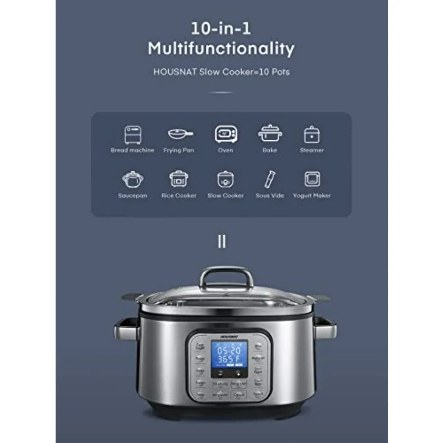 10 in 1 Programmable Slow Cooker 6QT 304 Stainless Steel Inner Pot, Multi-Cooker with Rice, Yogurt, Sauté, Steam, Delay Start & Adjustable Temp – for Large Families & Entertaining