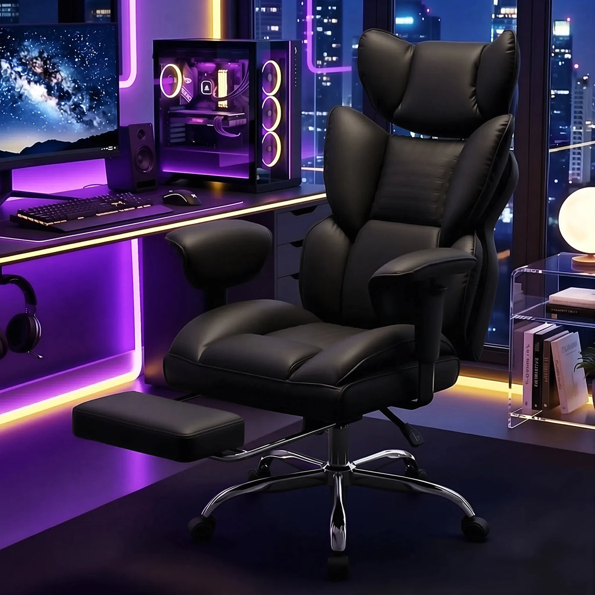 MCQ PU Leather Ergonomic Office Desk Chair with Footrest Adjustable Armrests Gaming Chair with High Back Reclining and Lumbar Support Height Adjustable with 360° Swivel