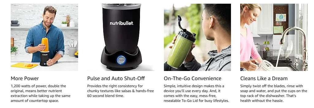 1200W Personal Blender – Features a pulse function and automatic shut-off, extracts nutrients, and is perfect for making smoothies, milkshakes, and salsa – Includes 32oz and 24oz travel cups