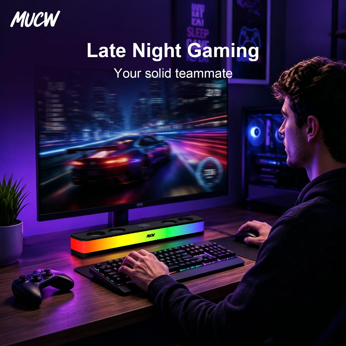 MUCW RGB Gaming Soundbar Bluetooth 5.4 USB Wired Dual Mode 6W Stereo Colorful LED Computer Speakers for Monitor Desktop PC Speaker for Laptop Gamer Home Office