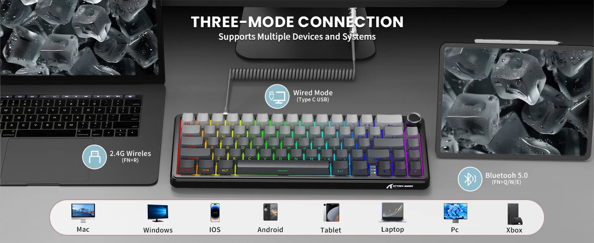 ATTACK SHARK X66 65% Wireless Mechanical Keyboard with Knob, 66 Keys Tri Mode Gasket Hot Swap RGB Gaming Keyboard 60 Percent,PBT