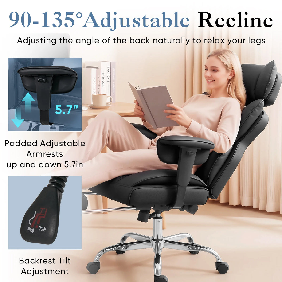 MCQ PU Leather Ergonomic Office Desk Chair with Footrest Adjustable Armrests Gaming Chair with High Back Reclining and Lumbar Support Height Adjustable with 360° Swivel