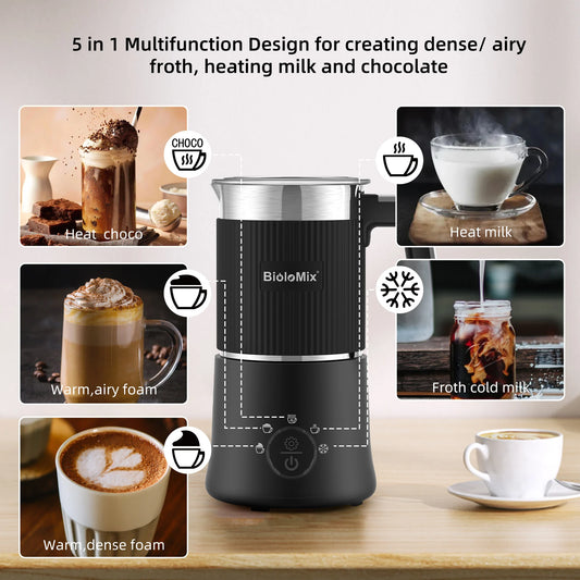 BioloMix 5-in-1 Detachable Milk Frother and Steamer，Automatic Hot/Cold Foam and Hot Chocolate Maker ,Dishwasher Safe