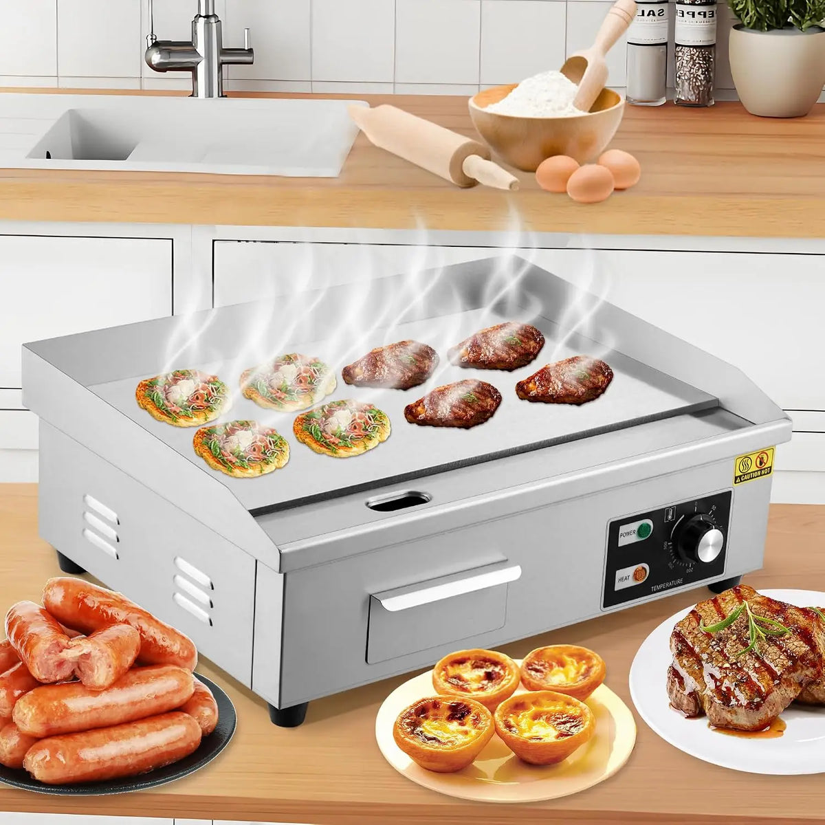 Tacleekii 14in, 21in, or 28.7 in Commercial Electric Griddle Stainless Steel Flat Top Grill, 122-572℉ Adjustable Temp, Countertop BBQ Teppanyaki Grill with Shovels & Brushes for Home & Restaurant