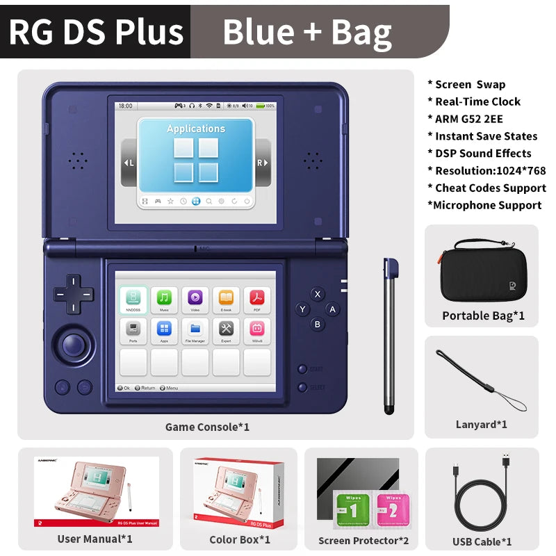 Anbernic RG DS Plus Retro Handheld Game Console Linux 4.3" IPS 1024*768 Dual-Screen 4000mAh Game Player Bluetooth WiFi Streaming